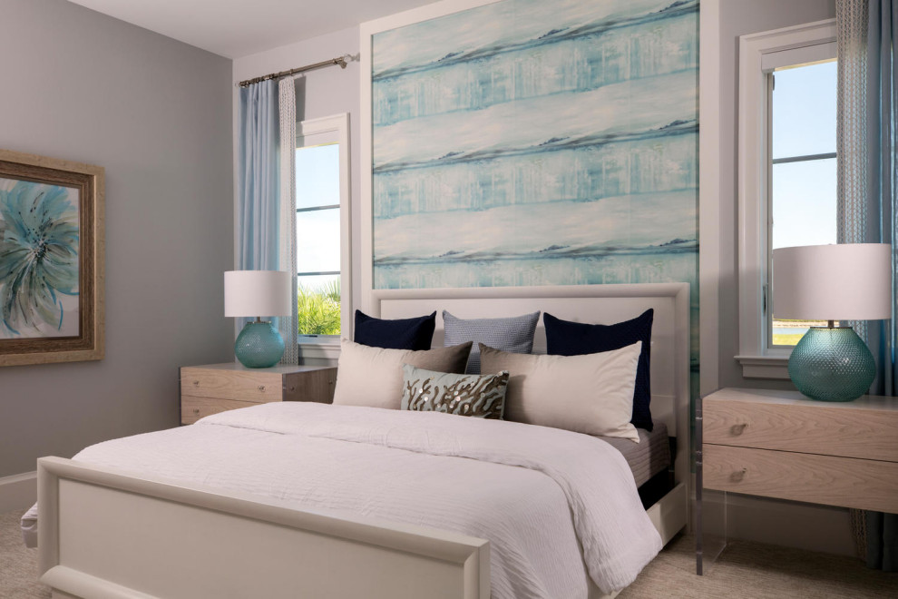 Foto de habitación de invitados marinera con paredes grises, moqueta y suelo gris