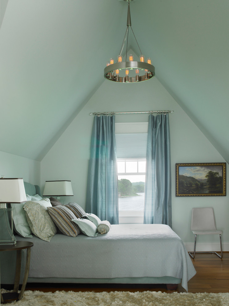 Elegant medium tone wood floor bedroom photo in Baltimore with blue walls