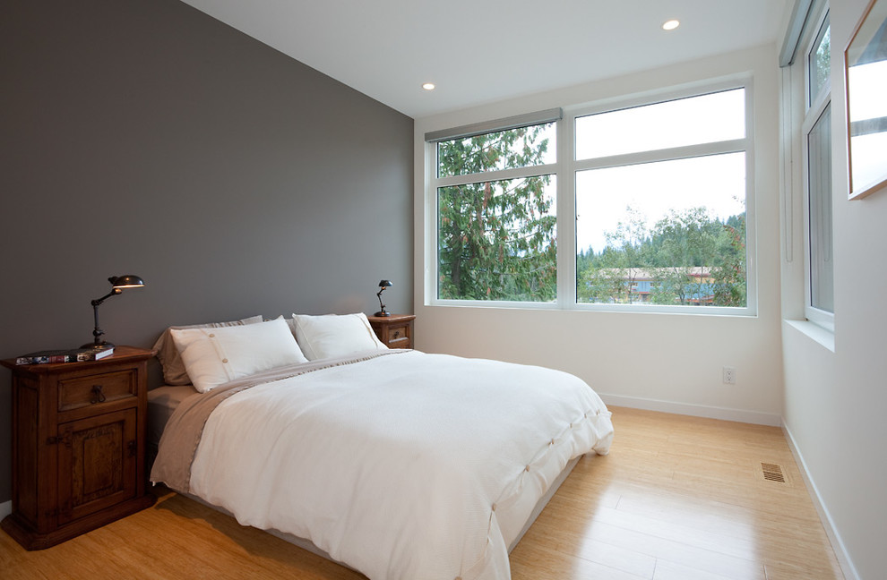 Свежая идея для дизайна: гостевая спальня среднего размера, (комната для гостей) в современном стиле с разноцветными стенами и полом из бамбука - отличное фото интерьера