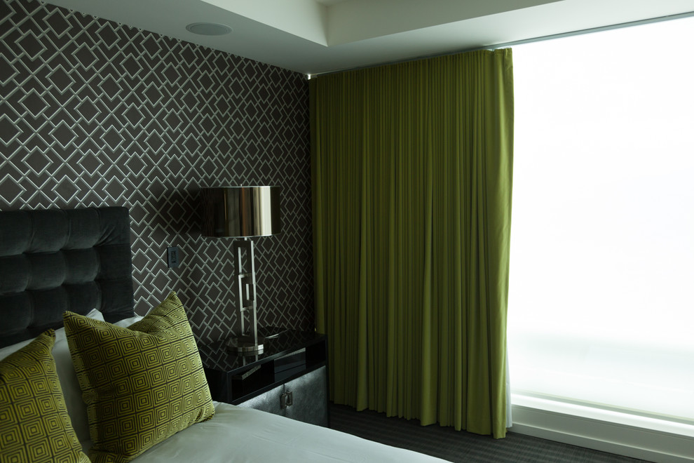 Example of a mid-sized trendy master carpeted bedroom design in Vancouver with brown walls