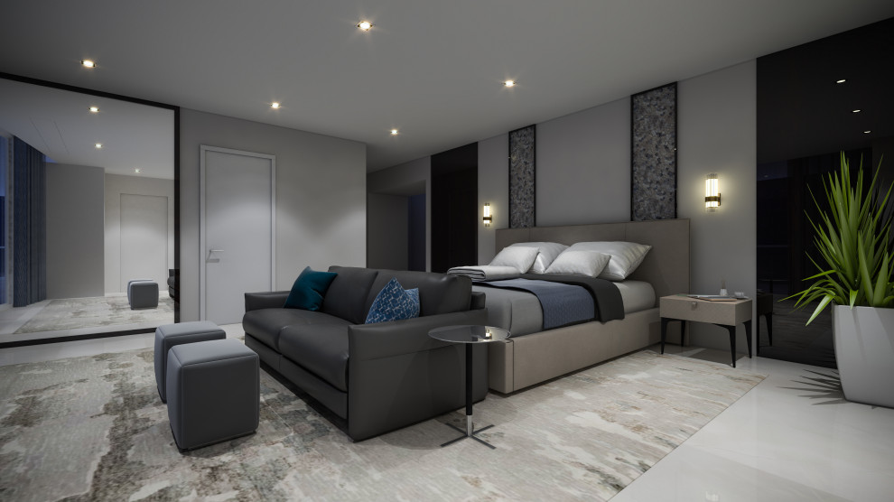 Photo of a large contemporary master bedroom in Miami with grey walls, porcelain flooring and grey floors.