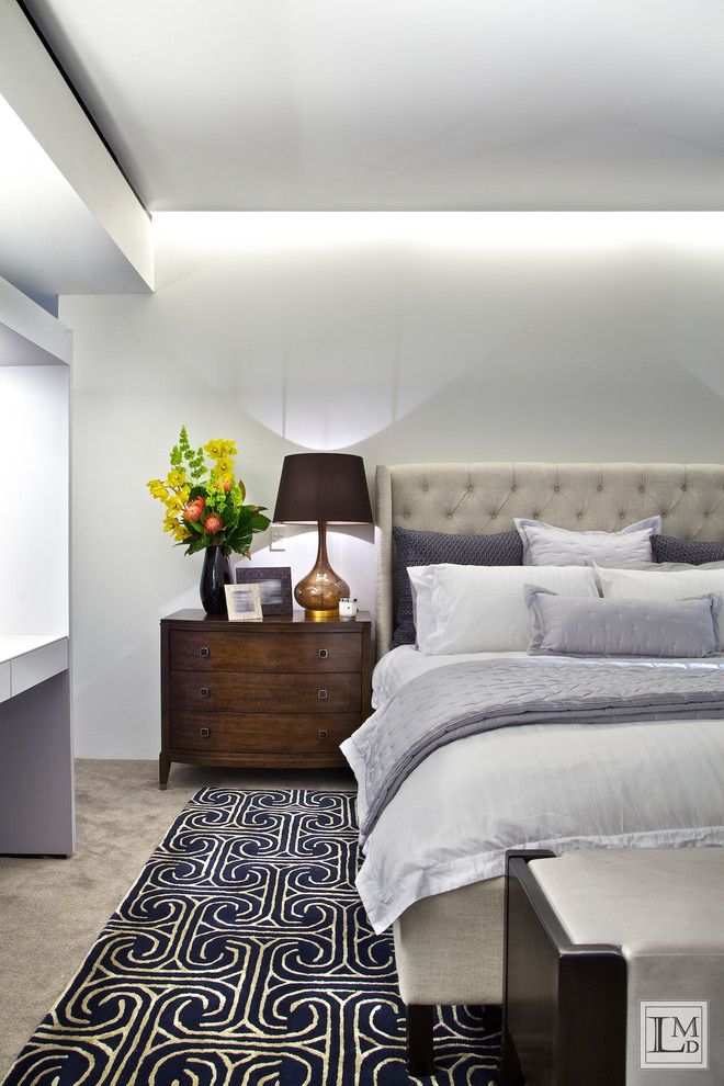 Contemporary grey and cream bedroom in Brisbane.