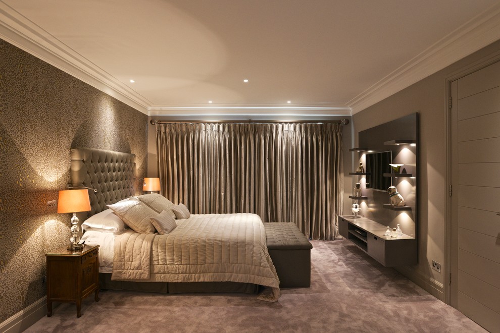 Bedroom - large contemporary master carpeted and gray floor bedroom idea in London with beige walls