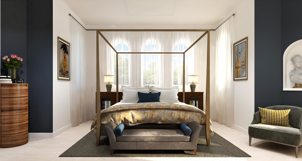 Aménagement d'une chambre avec moquette contemporaine avec un mur gris et un sol beige.