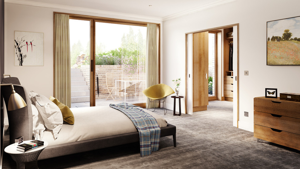 Esempio di una camera da letto minimal con pareti grigie, moquette e pavimento beige