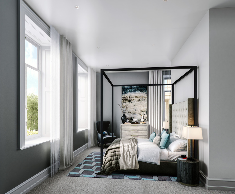 This is an example of a contemporary bedroom in London with grey walls, carpet and beige floors.