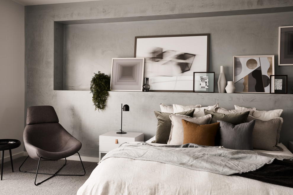 Photo of a contemporary master and grey and brown bedroom in Melbourne with grey walls, carpet, no fireplace and grey floors.