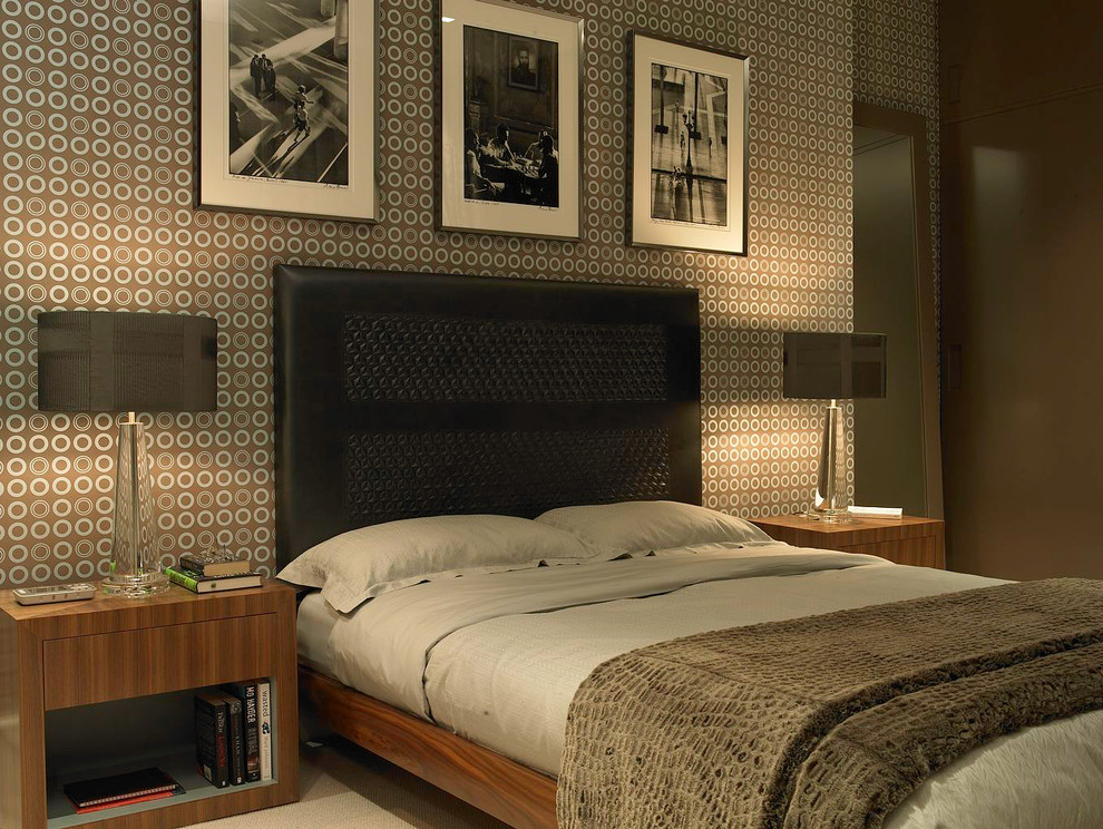 Foto de dormitorio principal contemporáneo grande con paredes marrones y moqueta
