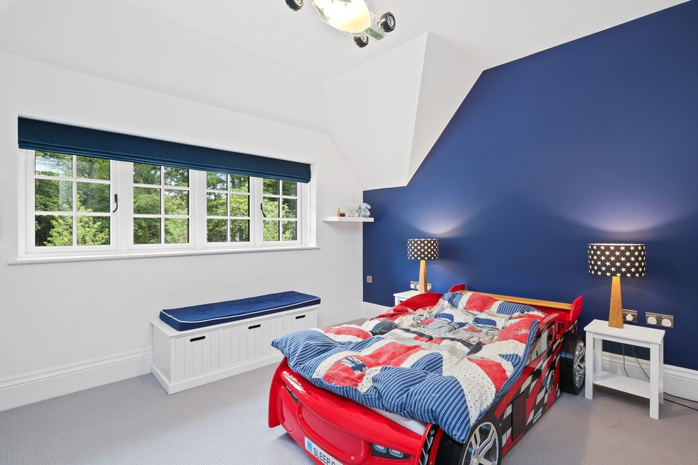 Photo of a medium sized contemporary bedroom in Buckinghamshire with grey walls, carpet, no fireplace and grey floors.