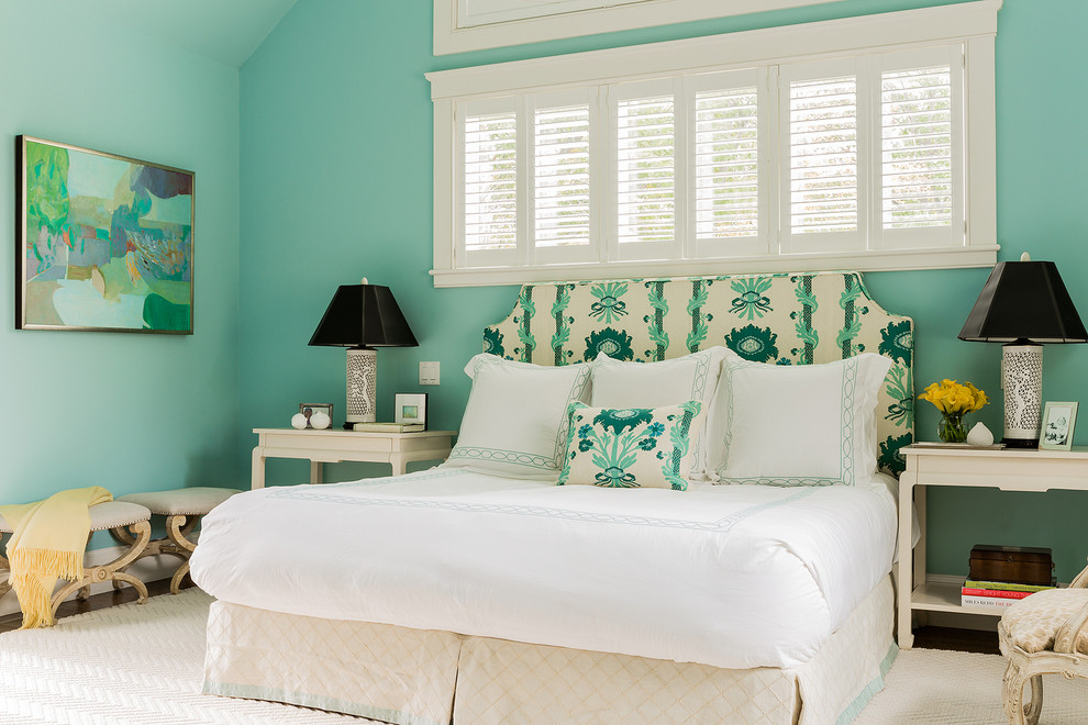 Inspiration for a classic bedroom in Boston with blue walls.