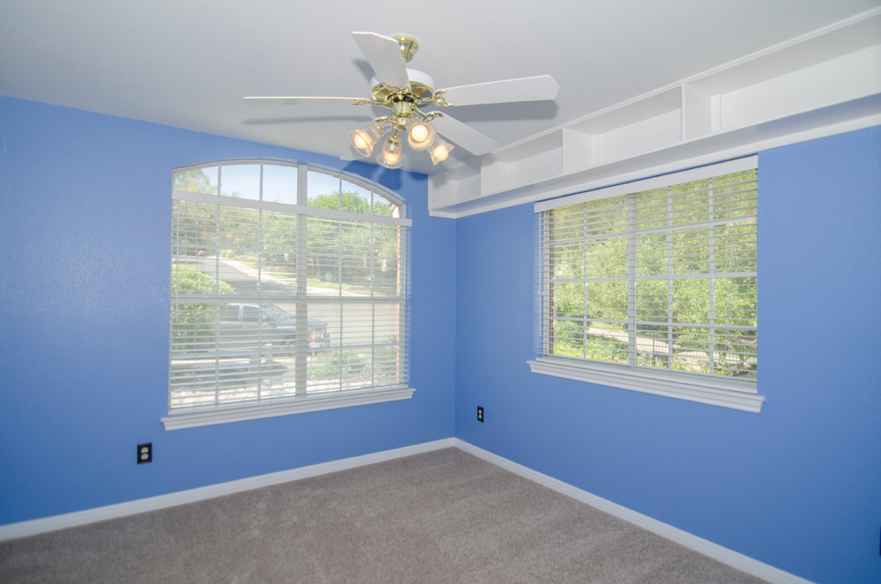 Foto di una piccola camera degli ospiti classica con pareti blu, moquette e nessun camino