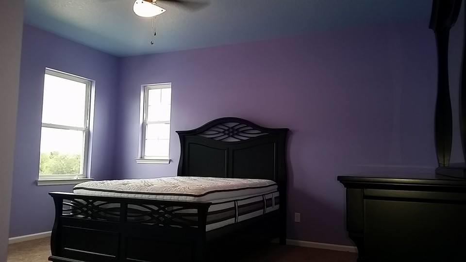 Foto di una camera degli ospiti chic di medie dimensioni con pareti viola e moquette