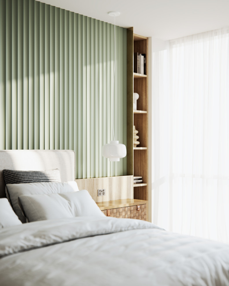 Großes Modernes Hauptschlafzimmer ohne Kamin mit grüner Wandfarbe, beigem Boden, vertäfelten Wänden und braunem Holzboden