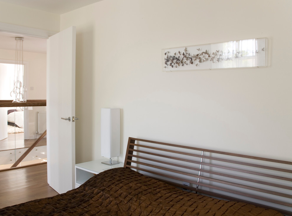 Источник вдохновения для домашнего уюта: большая гостевая спальня (комната для гостей) в современном стиле с белыми стенами, темным паркетным полом и коричневым полом