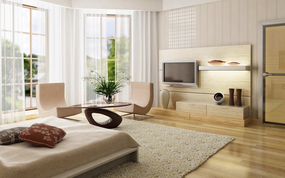 Ejemplo de dormitorio moderno de tamaño medio con paredes multicolor y suelo de madera en tonos medios