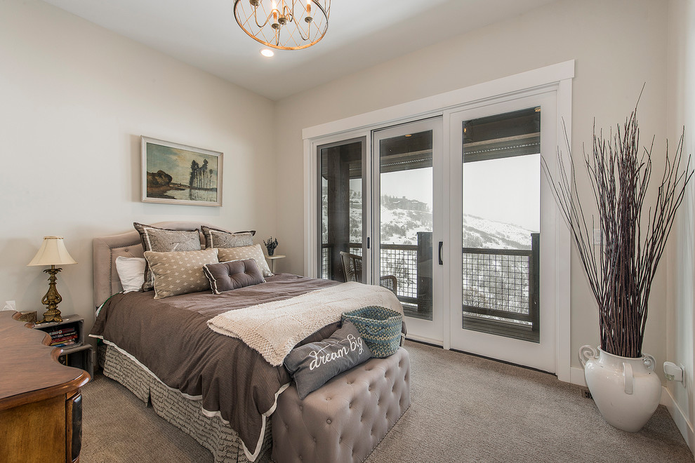 Medium sized traditional guest bedroom in Salt Lake City with grey walls, carpet, no fireplace and grey floors.