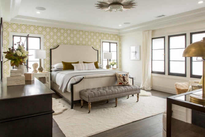 Bedroom - large transitional guest medium tone wood floor and brown floor bedroom idea in Los Angeles with multicolored walls and no fireplace