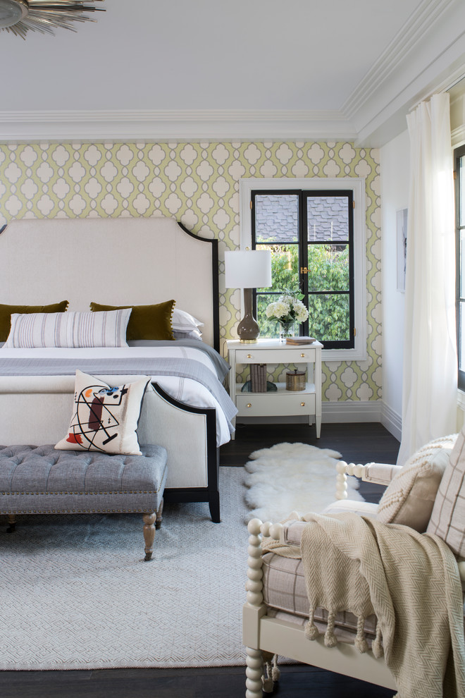 Bedroom - large transitional guest medium tone wood floor and brown floor bedroom idea in Los Angeles with multicolored walls and no fireplace