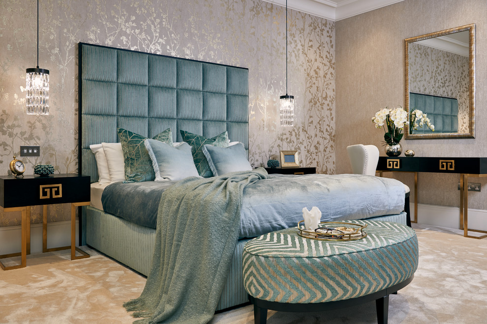 This is an example of a contemporary bedroom in London with beige walls, carpet and beige floors.