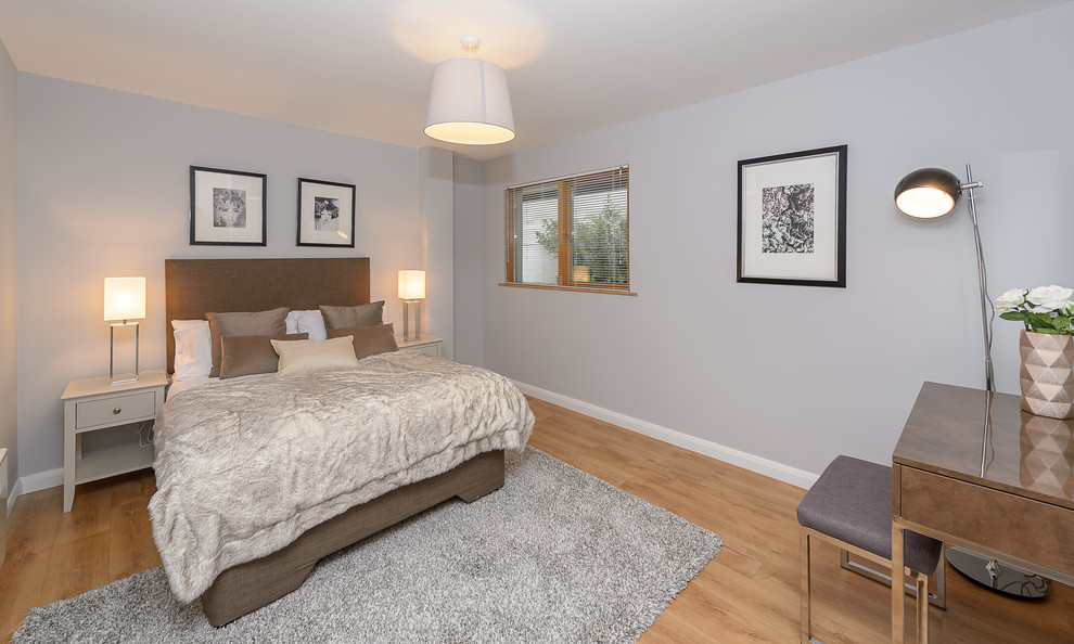 Стильный дизайн: хозяйская спальня среднего размера в современном стиле с серыми стенами и полом из винила - последний тренд