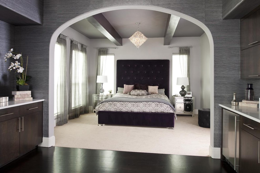 This is an example of a contemporary grey and cream bedroom in Dallas.