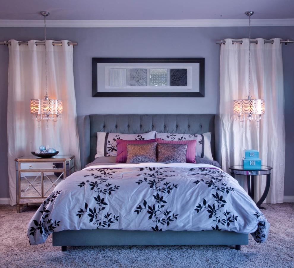 Trendy carpeted and purple floor bedroom photo in San Diego with purple walls
