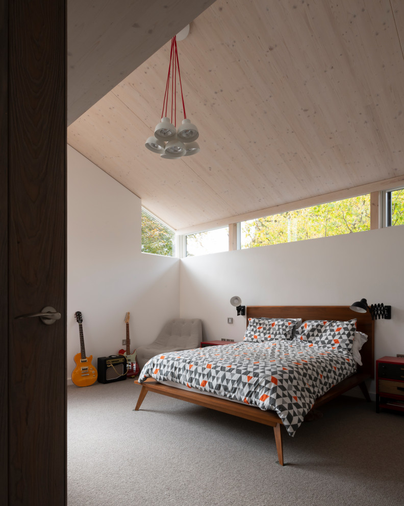 ロンドンにあるコンテンポラリースタイルのおしゃれな寝室 (白い壁、カーペット敷き、グレーの床、三角天井、板張り天井) のインテリア