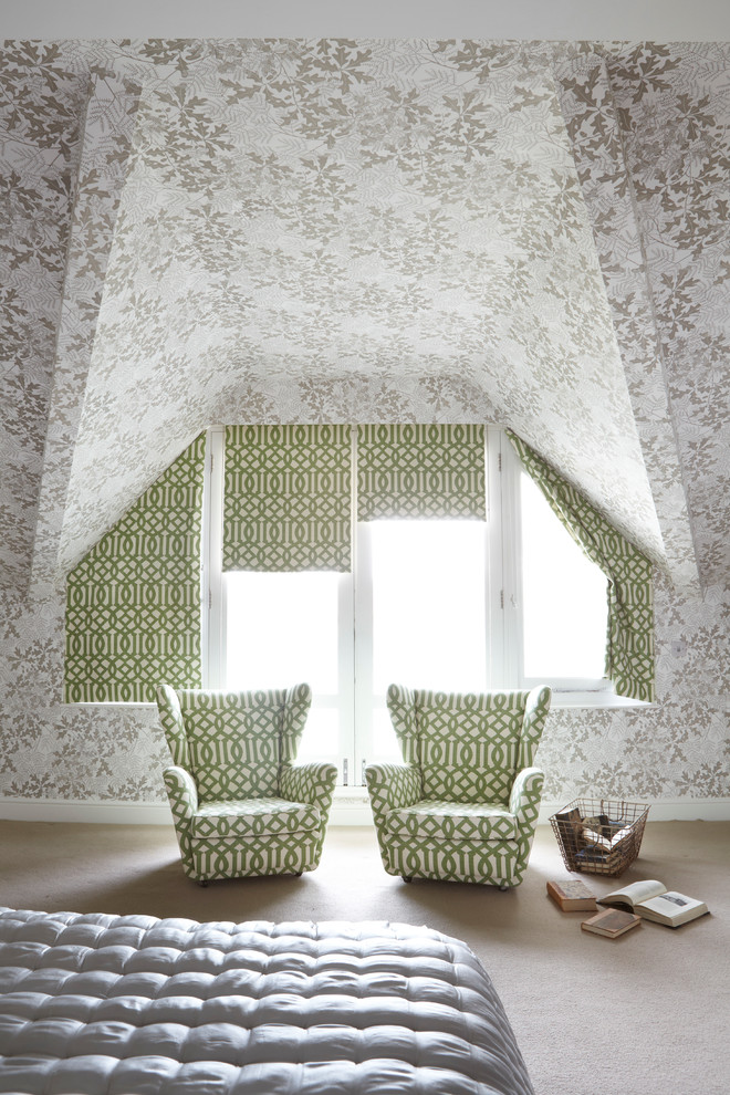 Trendy carpeted bedroom photo in London