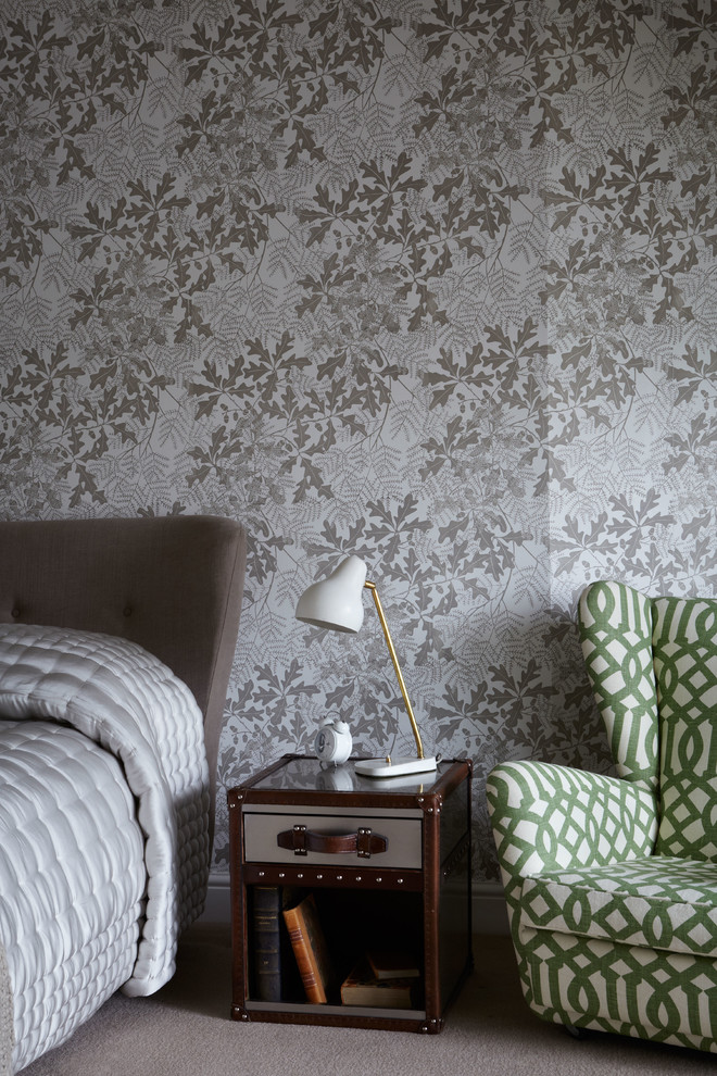 Trendy bedroom photo in London with multicolored walls