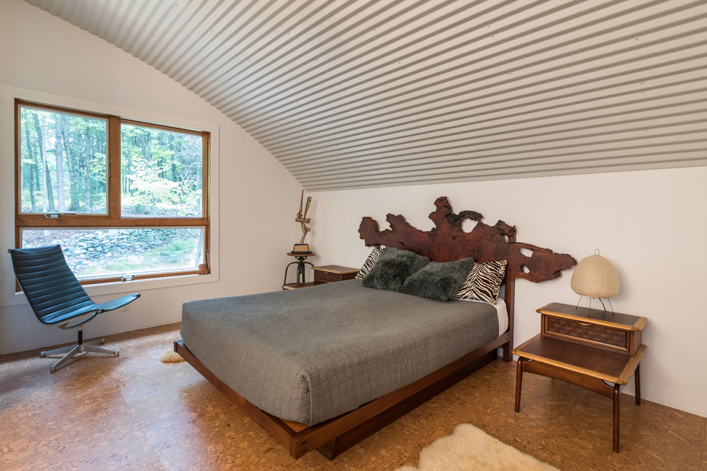 Foto på ett mellanstort funkis sovrum, med korkgolv och vita väggar