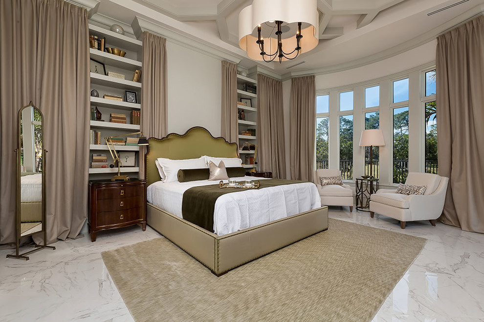 Bedroom - large traditional master porcelain tile bedroom idea in Miami with white walls