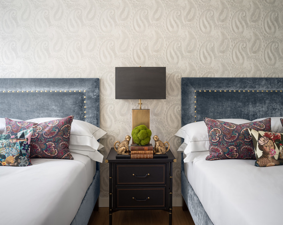 Traditional guest bedroom in Edinburgh with multi-coloured walls, dark hardwood flooring and brown floors.