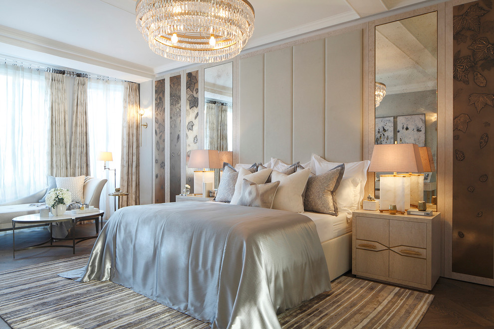 Inspiration for a classic master bedroom in London with beige walls, dark hardwood flooring and no fireplace.