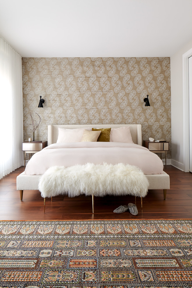 Large contemporary master bedroom in Philadelphia with beige walls, no fireplace, brown floors and dark hardwood flooring.