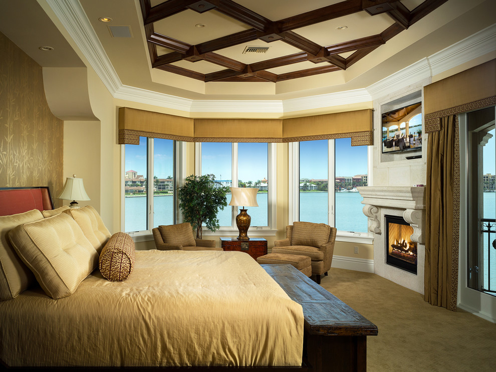 マイアミにあるトロピカルスタイルのおしゃれな主寝室 (カーペット敷き、標準型暖炉、石材の暖炉まわり) のレイアウト