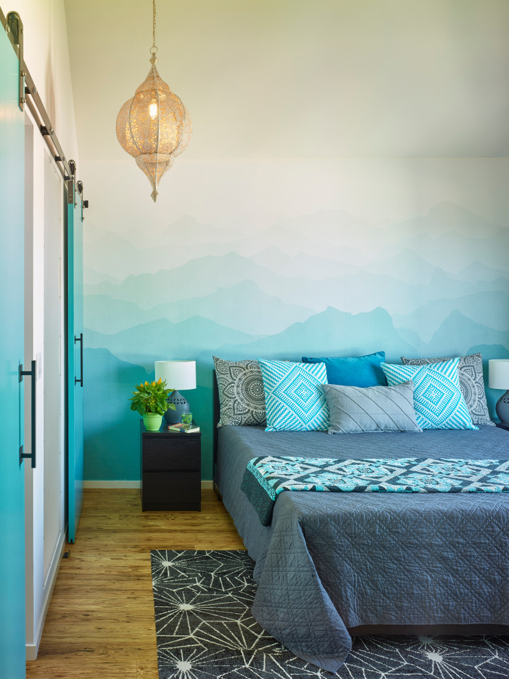 Modernes Schlafzimmer ohne Kamin mit bunten Wänden, braunem Holzboden und gewölbter Decke in San Francisco