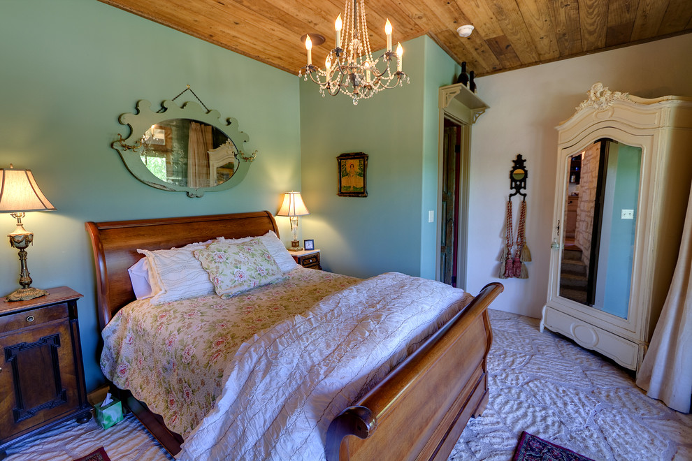 Example of a mid-sized mountain style master carpeted bedroom design in Austin with blue walls