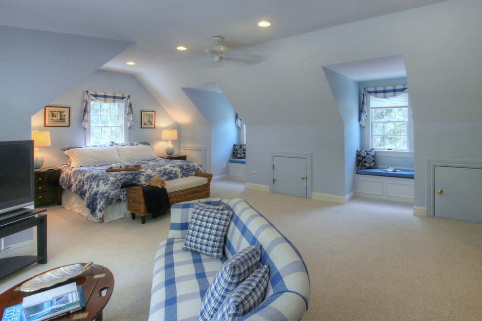 Идея дизайна: большая гостевая спальня (комната для гостей) в классическом стиле с синими стенами и ковровым покрытием