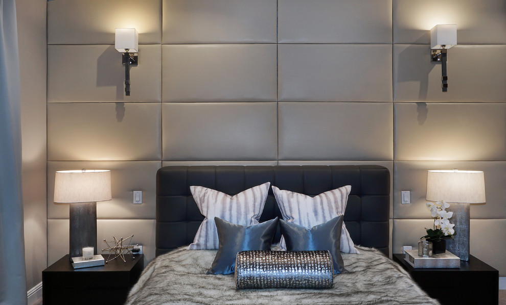Imagen de habitación de invitados contemporánea de tamaño medio sin chimenea con paredes grises, moqueta y suelo beige