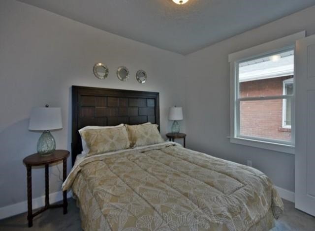 ソルトレイクシティにある小さなトランジショナルスタイルのおしゃれな主寝室 (グレーの壁、カーペット敷き、暖炉なし)