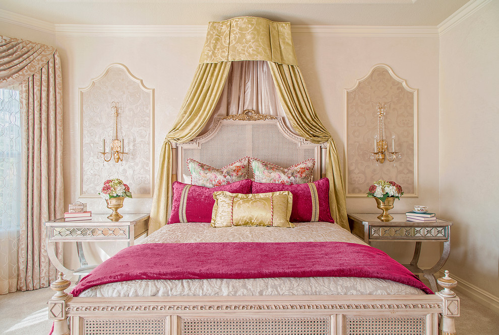 Medium sized traditional guest bedroom in Other with beige walls, carpet and beige floors.