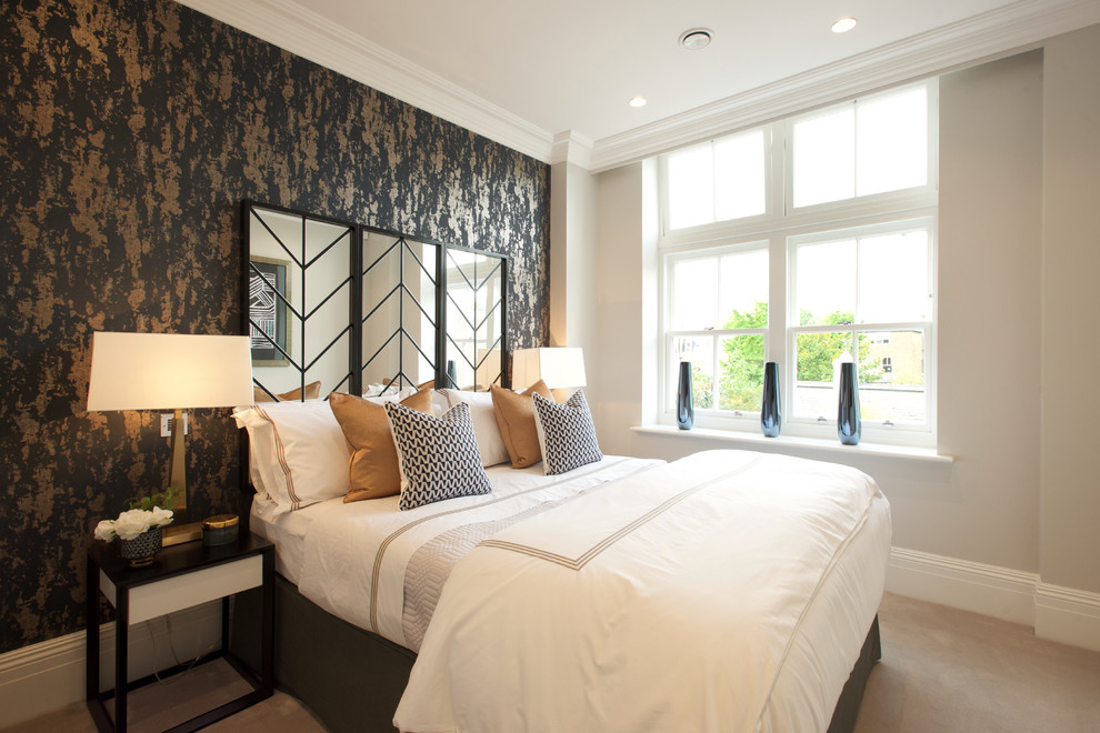 Photo of a medium sized traditional bedroom in Other with black walls, carpet, beige floors and feature lighting.
