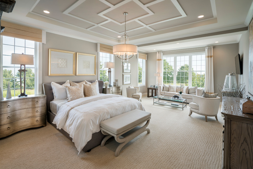 Klassisches Schlafzimmer mit grauer Wandfarbe, Teppichboden und beigem Boden in Philadelphia