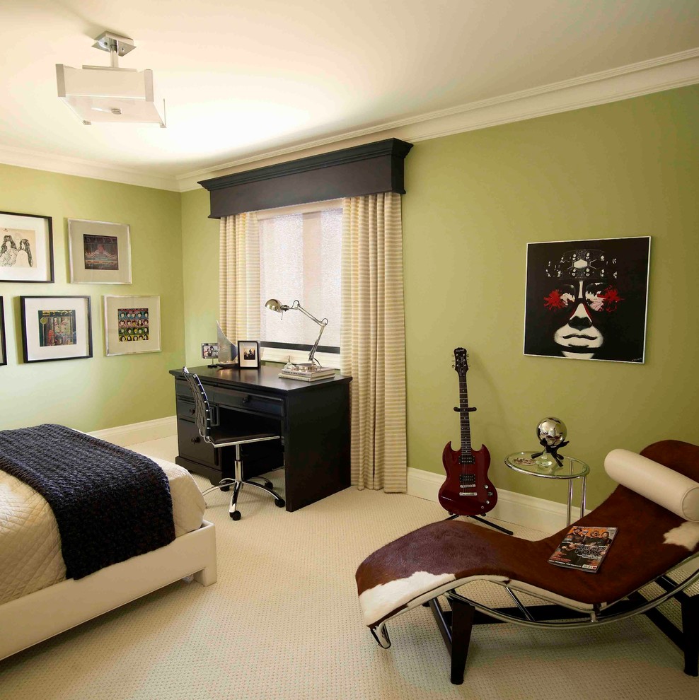 Inspiration for a medium sized classic guest bedroom in Toronto with green walls and carpet.