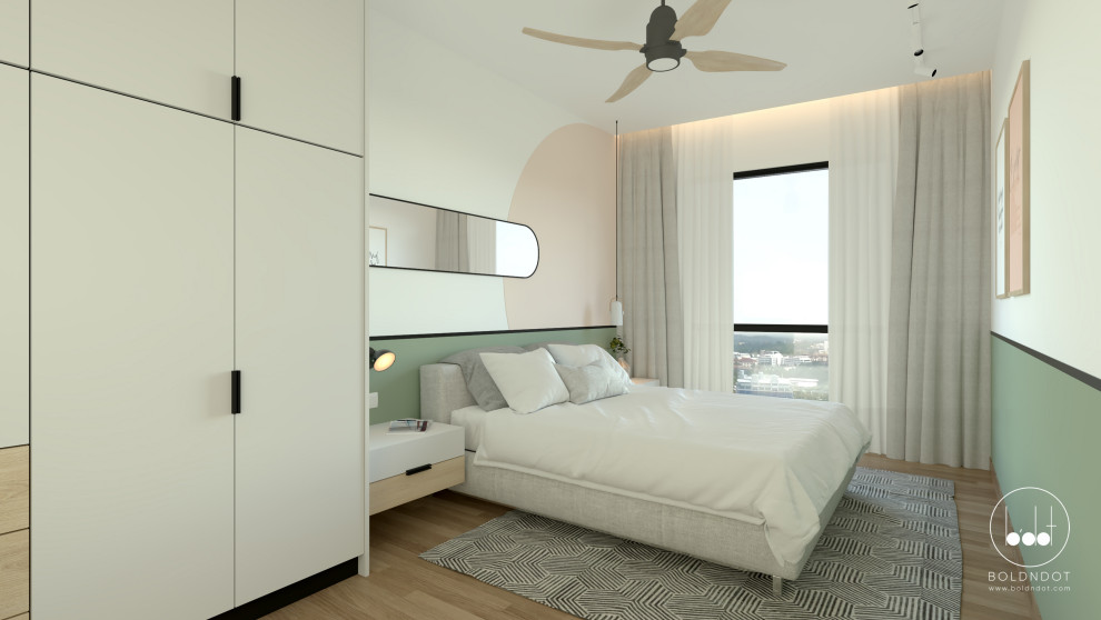Стильный дизайн: хозяйская спальня в скандинавском стиле с разноцветными стенами, ковровым покрытием и коричневым полом - последний тренд