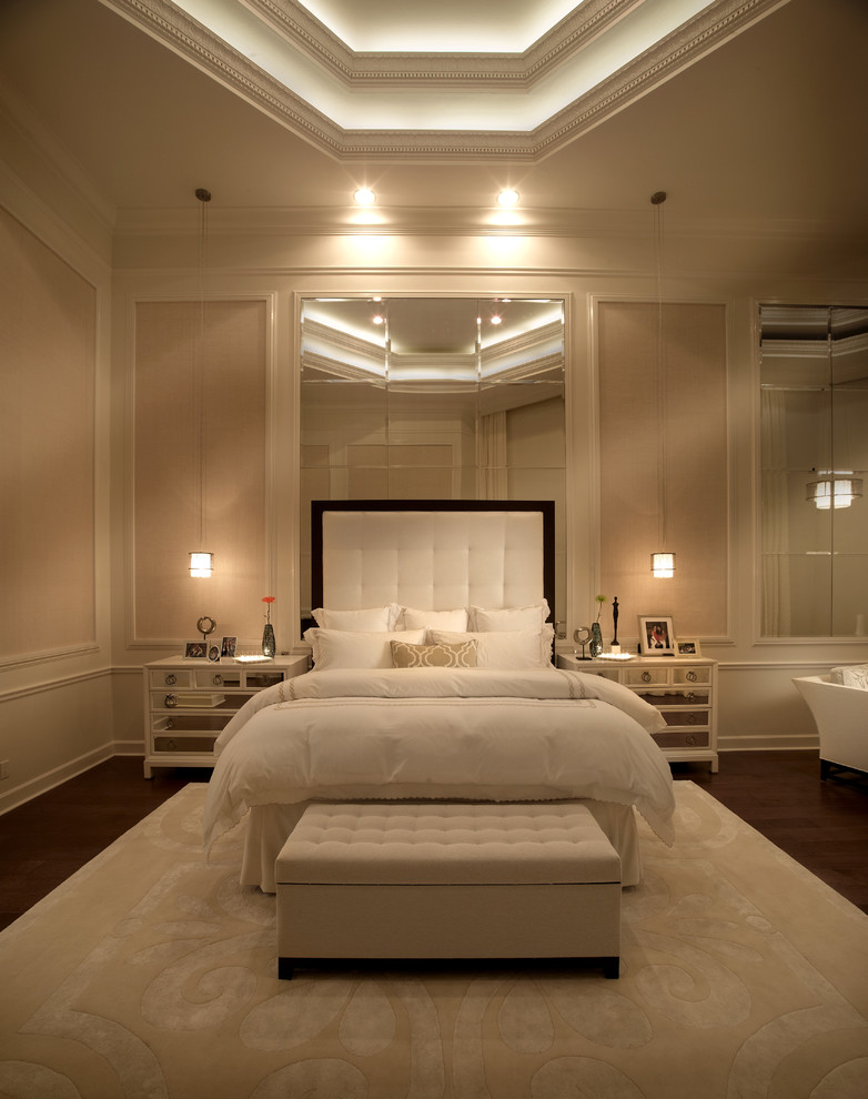 Medium sized classic master bedroom in Miami with beige walls, dark hardwood flooring and no fireplace.