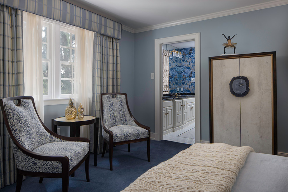 Idéer för att renovera ett mellanstort vintage gästrum, med blå väggar, heltäckningsmatta och blått golv