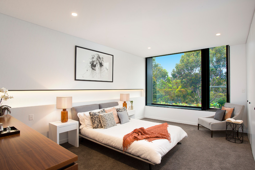シドニーにあるコンテンポラリースタイルのおしゃれな客用寝室 (白い壁、カーペット敷き、グレーの床、暖炉なし)