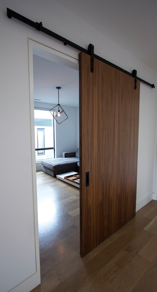 Diseño de dormitorio principal moderno de tamaño medio con paredes negras y suelo de madera en tonos medios