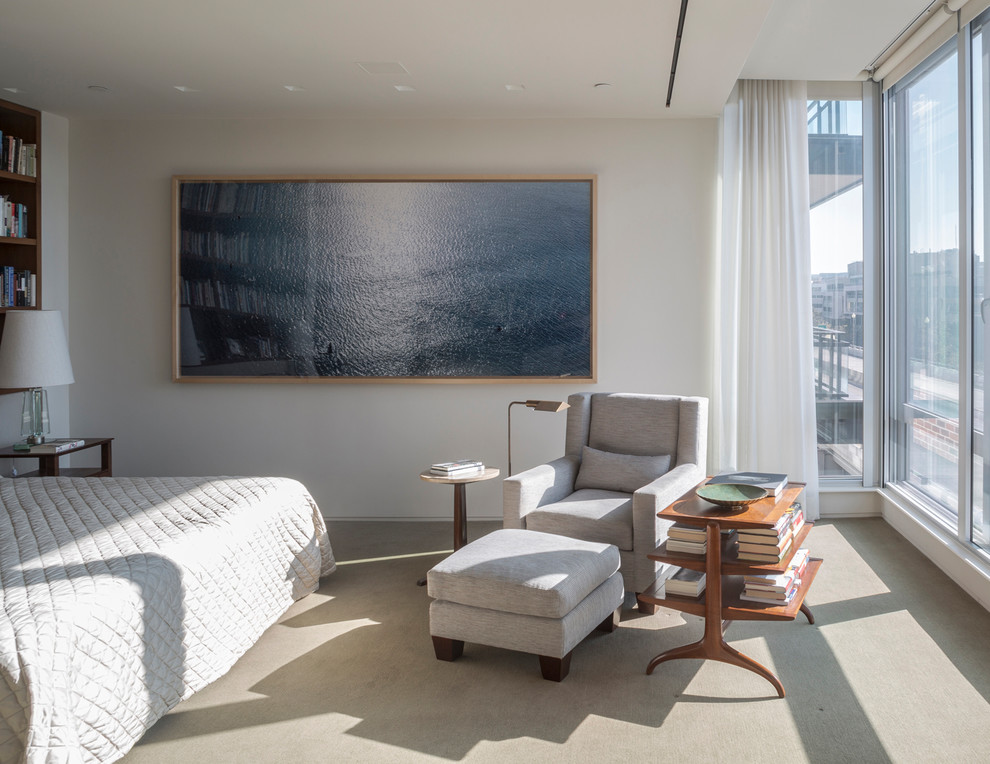 Mittelgroßes Modernes Hauptschlafzimmer ohne Kamin mit weißer Wandfarbe, Teppichboden und beigem Boden in Washington, D.C.